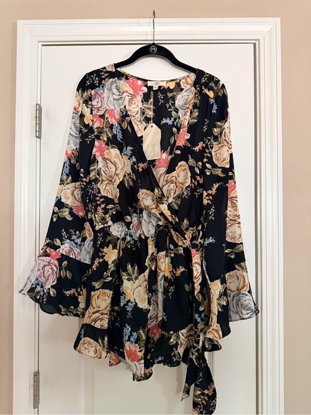 Floral Wrap Romper in Black with Multi-Colored Roses